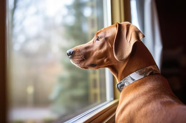 picture of a Azawakh dog staring out of a house window.