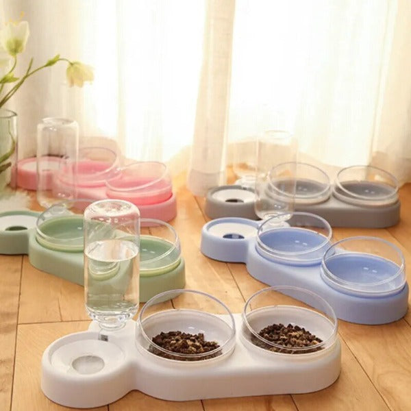 Picture of five different colour 3-in-1 pet food and water bowl - New Forest Pets.