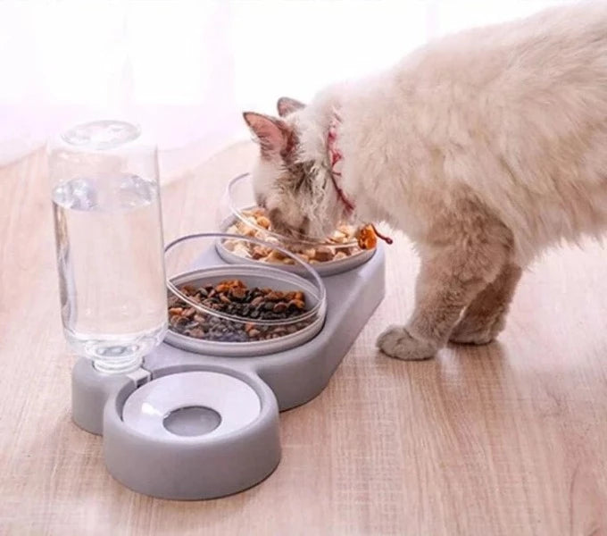 Cat eating out of grey 3-in-1 pet food and water bowl - New Forest Pets.