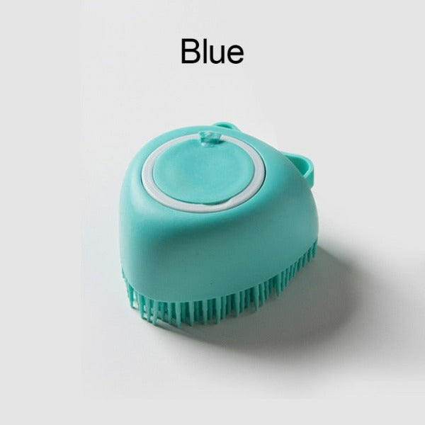 Dog soap dispensing soft grooming/bath brush in the colour variant blue, shape heart - New Forest Pets.