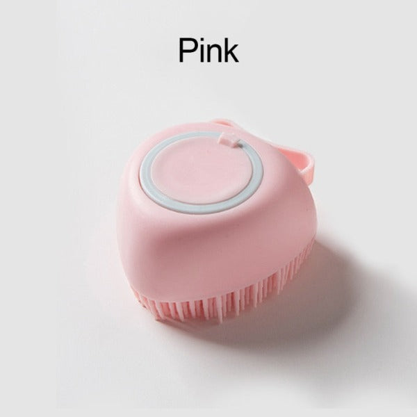 Dog soap dispensing soft grooming/bath brush in the colour variant pink, shape heart - New Forest Pets.