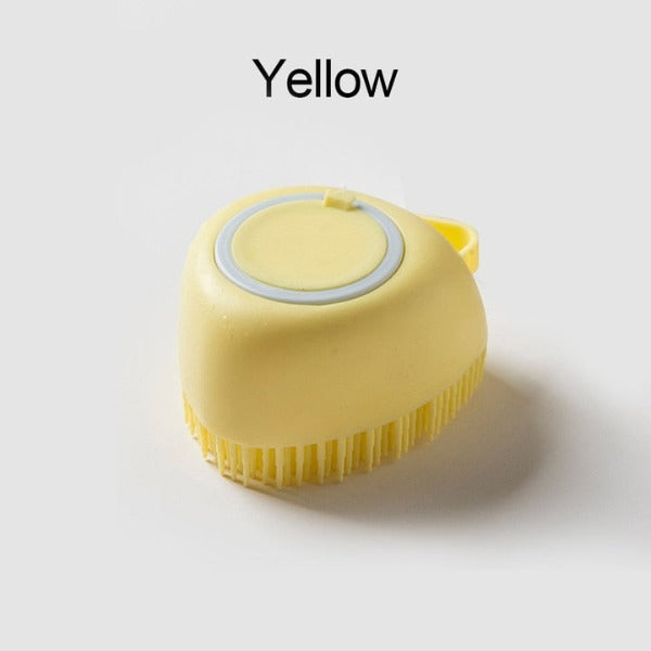 Dog soap dispensing soft grooming/bath brush in the colour variant yellow, shape heart - New Forest Pets.