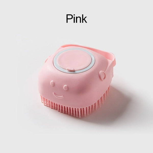 Dog soap dispensing soft grooming/bath brush in the colour variant pink, shape square - New Forest Pets.