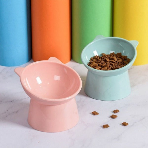 Imagine of pink and blue cat/dog Water or feeding bowls one filled with pet food.