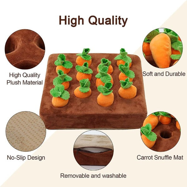 Dog 12 carrot snuffle mat puzzle showing benefits of high quality material and removable and washable outer case.
