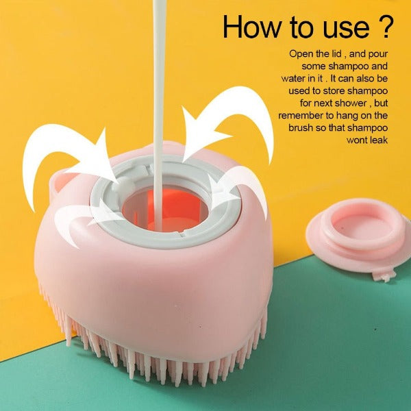 Image showing how to open and refill from the top of the Dog soap dispensing soft grooming/bath brush - New Forest Pets.