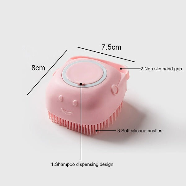 Image showing the Dog soap dispensing soft grooming/bath brush dimensions of 8cm x 7.5cm - New Forest Pets.