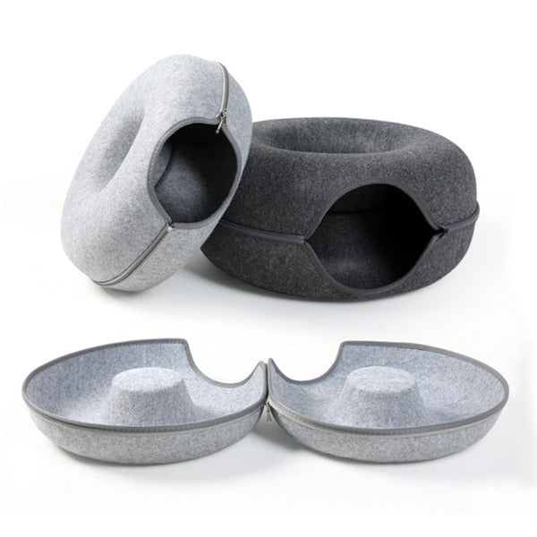 Two colour options grey/dark grey and also one of the donut cat tunnels zipped opened showing the inside - New Forest Pets.