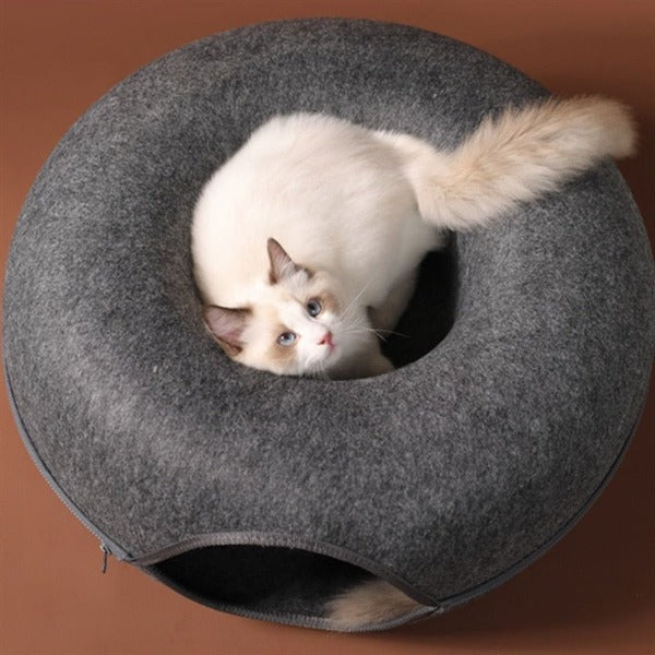 A top image looking down of a cat sat in the centre of the donut cat tunnel - New Forest Pets.