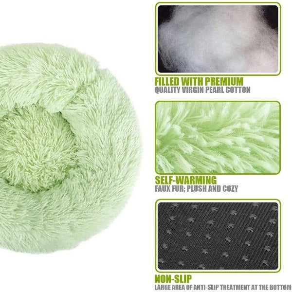 Premium pearl cotton, non slip bottom and self warming material of the donut shaped dog/cat Bed - New Forest Pets.