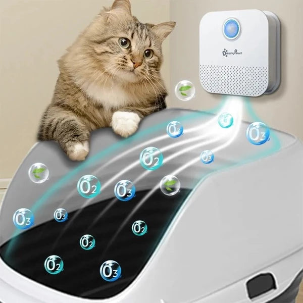 DownyPaws™ - Smart Cat Air Deodoriser for Litter Boxes (Rechargeable) showing how it extracts dust particles via O2/O3 air.