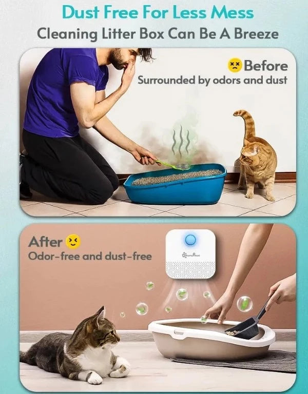 Image showing before/after use of the DownyPaws Smart Cat Air Deodoriser for Litter Boxes and how it helps eliminate odours.