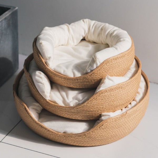 Three variant size options of the weaved cat bed - New Forest Pets.